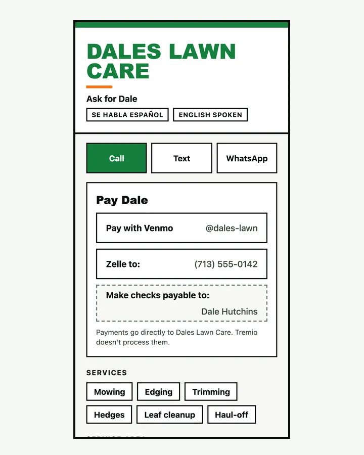 A phone showing Dale's Lawn Care page with Call, Text and WhatsApp buttons and Venmo, Zelle and check payment rows