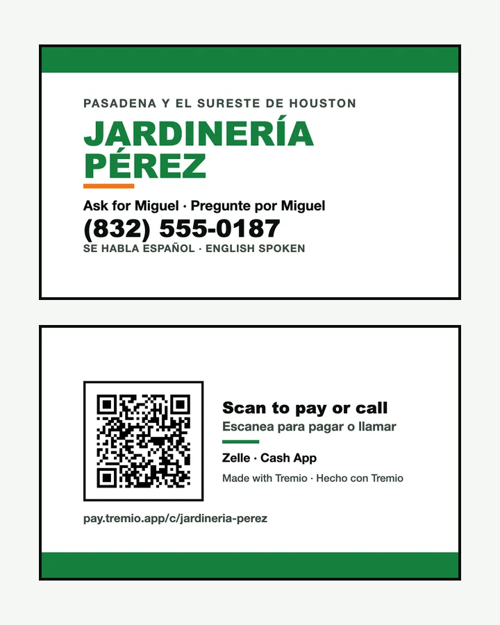 El frente y el reverso de una tarjeta de Jardinería Pérez: el nombre, el teléfono y los idiomas, y un código QR para pagar o llamar